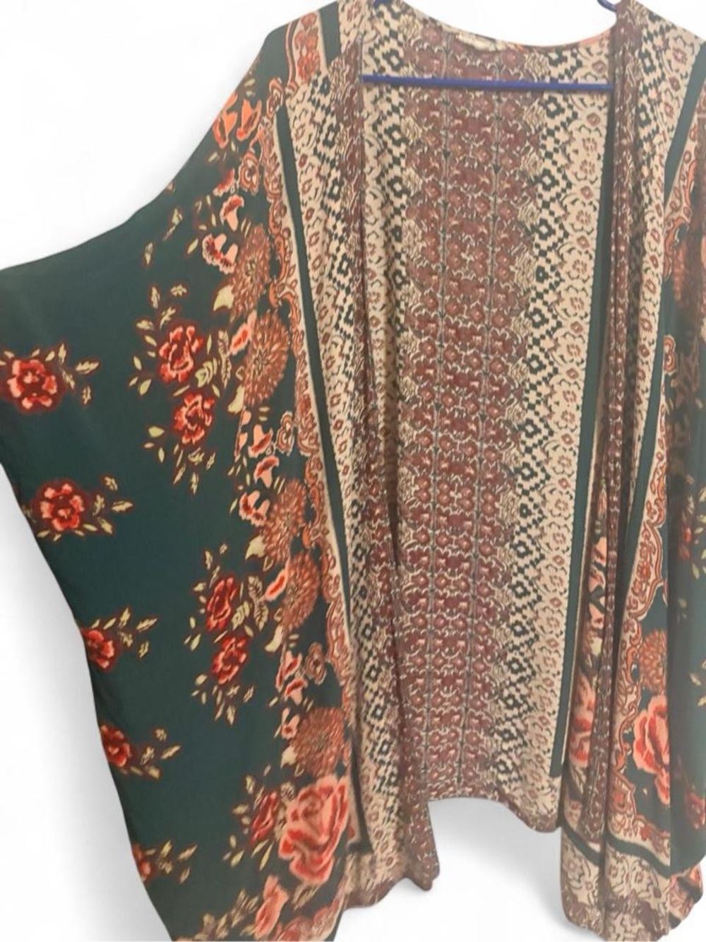 Gypsy Love Boho Floral Open Kimono in Deep Forest Green and Rust Sz XL